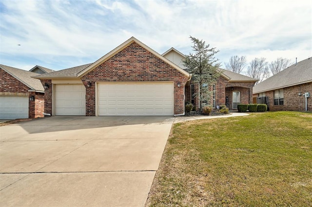 view of front of property with roof with shingles, driveway, a front yard, brick siding, and a garage