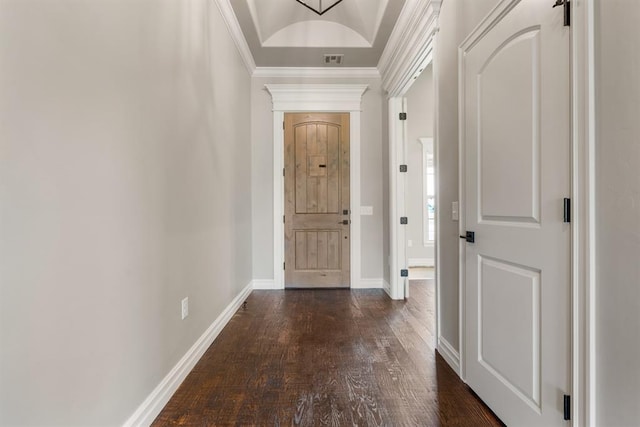 4174 Richards Way, Piedmont, OK 73078 - hall featuring ornamental molding and dark wood-type flooring