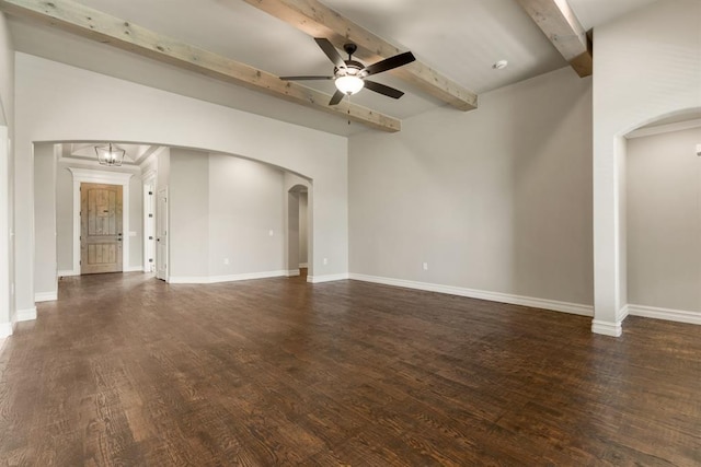 4174 Richards Way, Piedmont, OK 73078 - unfurnished living room featuring arched walkways, beam ceiling, a ceiling fan, and dark wood finished floors