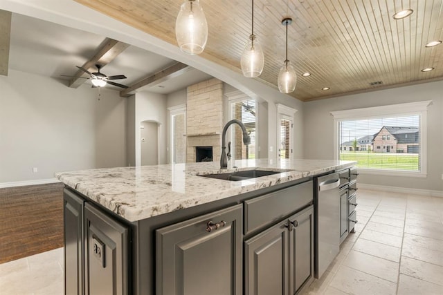 4174 Richards Way, Piedmont, OK 73078 - kitchen featuring recessed lighting, a kitchen island with sink, open floor plan, ceiling fan, and dishwasher