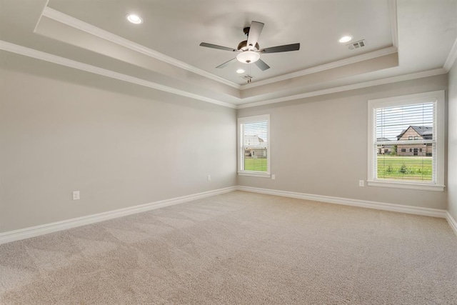 4174 Richards Way, Piedmont, OK 73078 - unfurnished room with a tray ceiling, ornamental molding, a ceiling fan, light carpet, and recessed lighting