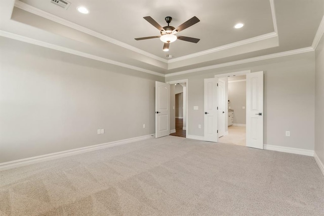 4174 Richards Way, Piedmont, OK 73078 - unfurnished bedroom with a tray ceiling, ornamental molding, light colored carpet, recessed lighting, and ensuite bath