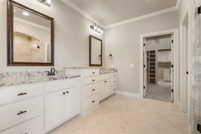 4174 Richards Way, Piedmont, OK 73078 - full bath featuring vanity, ornamental molding, a walk in closet, and tile patterned flooring