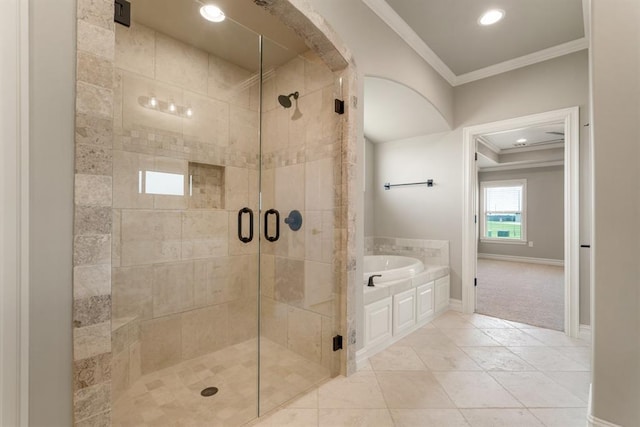 4174 Richards Way, Piedmont, OK 73078 - full bathroom with ornamental molding, a bath, a stall shower, tile patterned flooring, and recessed lighting
