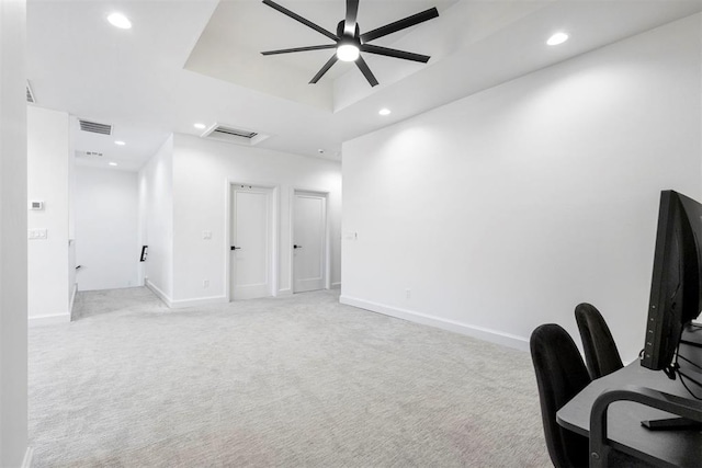 2109 Wiregrass Rd, Edmond, OK 73025 - office space featuring light carpet, a tray ceiling, recessed lighting, and ceiling fan