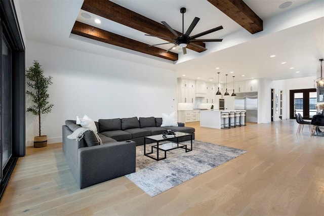 2109 Wiregrass Rd, Edmond, OK 73025 - living room with a ceiling fan, beamed ceiling, light wood finished floors, and recessed lighting