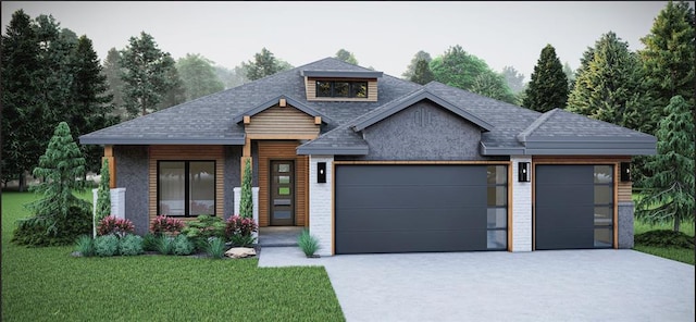 modern home featuring driveway, a garage, a front yard, and a shingled roof