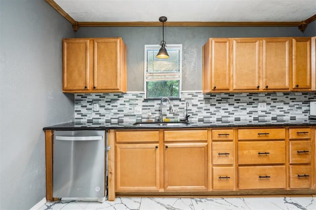 3206 Oakbriar Dr, Choctaw, OK 73020 - kitchen with stainless steel dishwasher, a sink, backsplash, ornamental molding, and light marble finish flooring