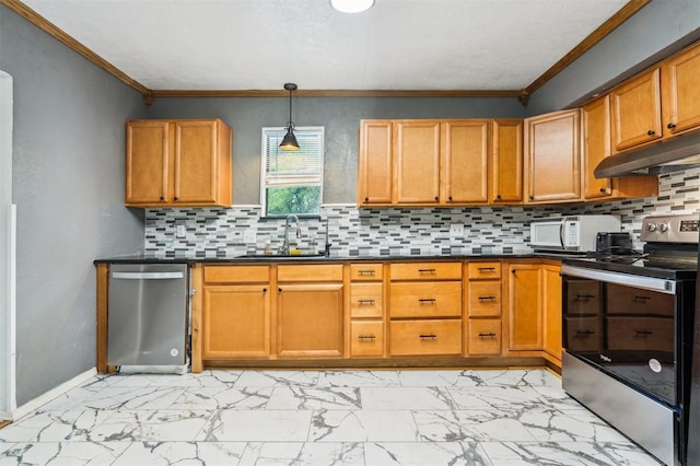3206 Oakbriar Dr, Choctaw, OK 73020 - kitchen with appliances with stainless steel finishes, a sink, light marble finish flooring, decorative backsplash, and ornamental molding