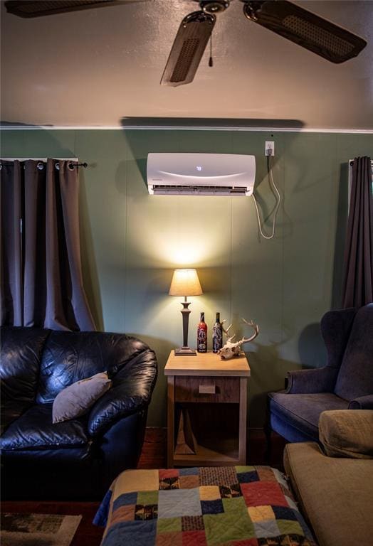 1011 W Mansur Ave, Guthrie, OK 73044 - living room featuring a wall mounted air conditioner and a ceiling fan