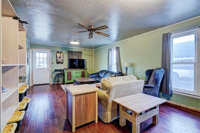 1011 W Mansur Ave, Guthrie, OK 73044 - living area featuring a ceiling fan, dark wood finished floors, and crown molding