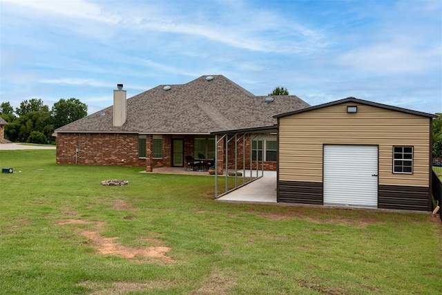 6574 Mint Julep Ln, Guthrie, OK 73044 - back of house with a patio, a chimney, a yard, brick siding, and roof with shingles
