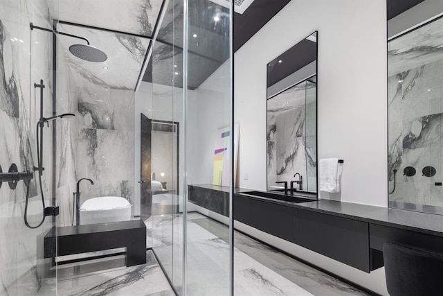 518 Colcord Dr, Oklahoma City, OK 73102 - full bath with marble finish floor, stone wall, a marble finish shower, and vanity