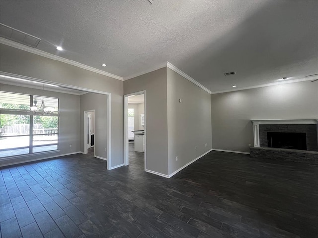 713 NW 143rd St, Edmond, OK 73013 - unfurnished living room with dark wood-style floors, a chandelier, a fireplace with raised hearth, recessed lighting, and a textured ceiling