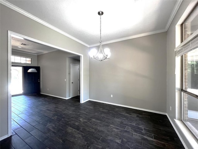 713 NW 143rd St, Edmond, OK 73013 - unfurnished room featuring a chandelier, dark wood finished floors, ornamental molding, and a textured ceiling