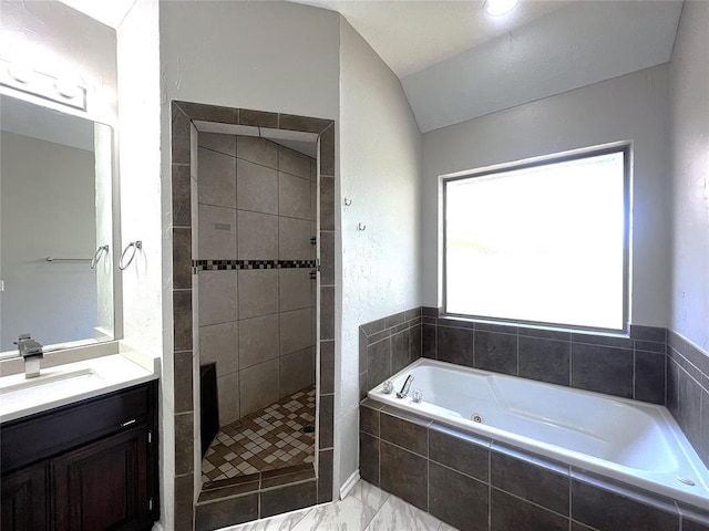 713 NW 143rd St, Edmond, OK 73013 - full bath featuring a whirlpool tub, vanity, a shower stall, and lofted ceiling