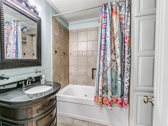 bathroom with tile patterned flooring, shower / tub combo, vanity, and crown molding