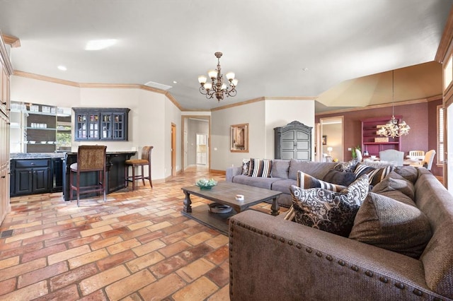 2817 Sweetbriar Way, Edmond, OK 73034 - living area with a chandelier, ornamental molding, baseboards, and recessed lighting