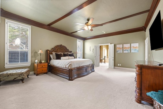 2817 Sweetbriar Way, Edmond, OK 73034 - bedroom featuring light colored carpet, ornamental molding, baseboards, and ceiling fan