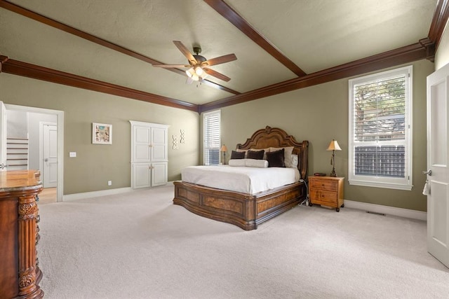 2817 Sweetbriar Way, Edmond, OK 73034 - bedroom featuring light carpet, ornamental molding, baseboards, ceiling fan, and lofted ceiling