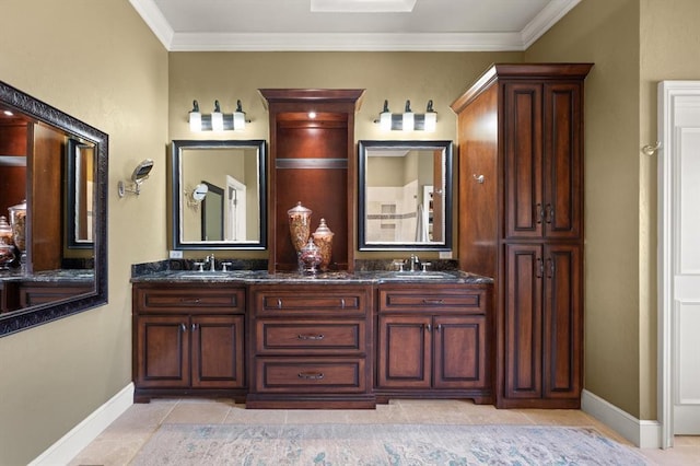 2817 Sweetbriar Way, Edmond, OK 73034 - full bathroom featuring double vanity, baseboards, crown molding, and tile patterned flooring
