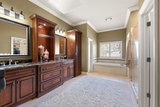 2817 Sweetbriar Way, Edmond, OK 73034 - bathroom with tile patterned flooring, a stall shower, double vanity, a bath, and ornamental molding