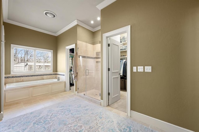 2817 Sweetbriar Way, Edmond, OK 73034 - full bathroom with tile patterned flooring, ornamental molding, a stall shower, a bath, and a spacious closet