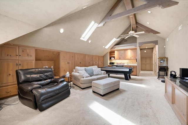 2817 Sweetbriar Way, Edmond, OK 73034 - living room with billiards table, light carpet, recessed lighting, a skylight, and a ceiling fan
