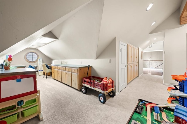 2817 Sweetbriar Way, Edmond, OK 73034 - recreation room with vaulted ceiling, light colored carpet, recessed lighting, and baseboards