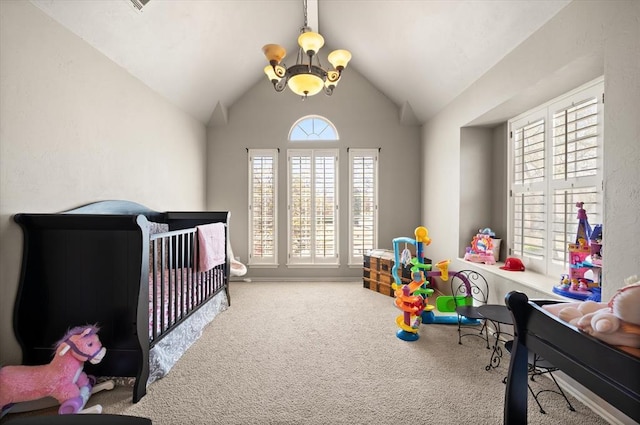 2817 Sweetbriar Way, Edmond, OK 73034 - carpeted bedroom with multiple windows, vaulted ceiling, and a chandelier