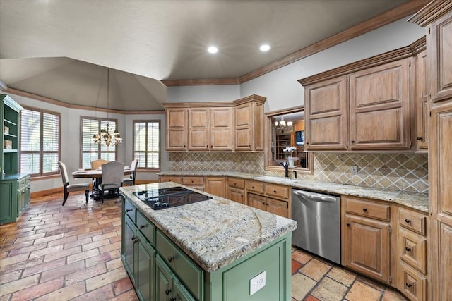 2817 Sweetbriar Way, Edmond, OK 73034 - kitchen featuring dishwasher, green cabinets, black electric stovetop, a sink, and a center island