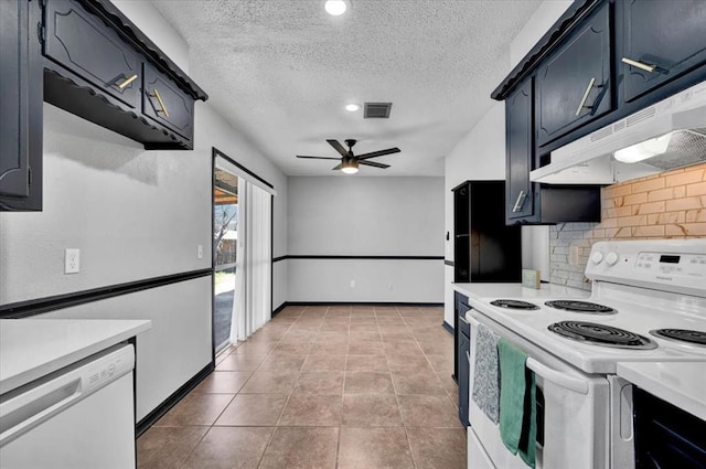 665 NW 15th St, Moore, OK 73160 - kitchen featuring white appliances, under cabinet range hood, decorative backsplash, light countertops, and a ceiling fan