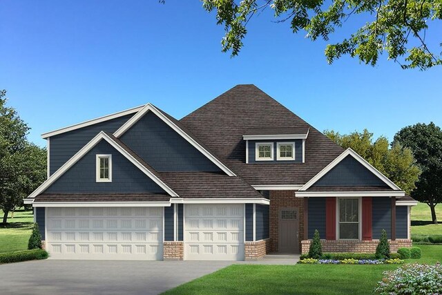 craftsman-style home featuring driveway, a front yard, an attached garage, brick siding, and a shingled roof