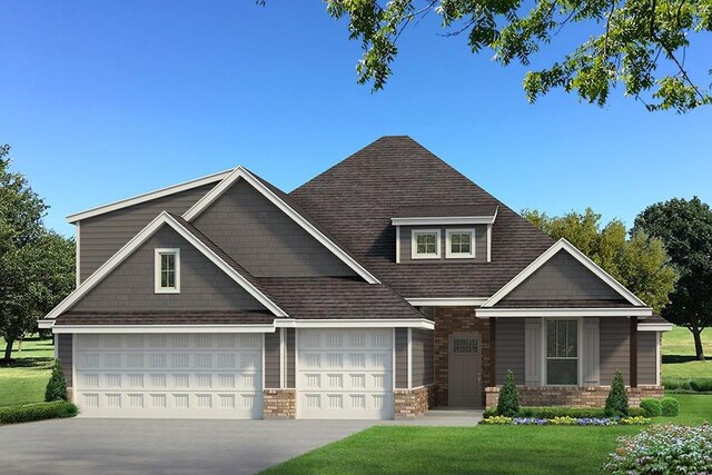 craftsman inspired home featuring an attached garage, brick siding, a front lawn, driveway, and a shingled roof