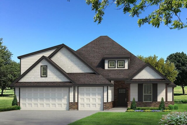 view of front of home with a garage, concrete driveway, a front yard, brick siding, and roof with shingles