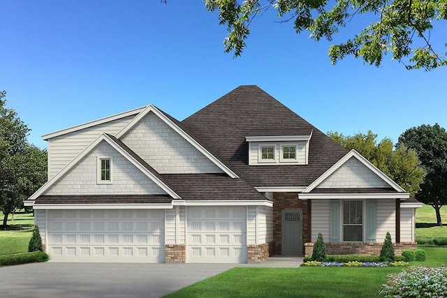 view of front of house with concrete driveway, roof with shingles, a front lawn, brick siding, and a garage