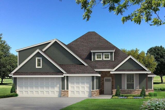 craftsman-style house with driveway, brick siding, a shingled roof, and a front lawn