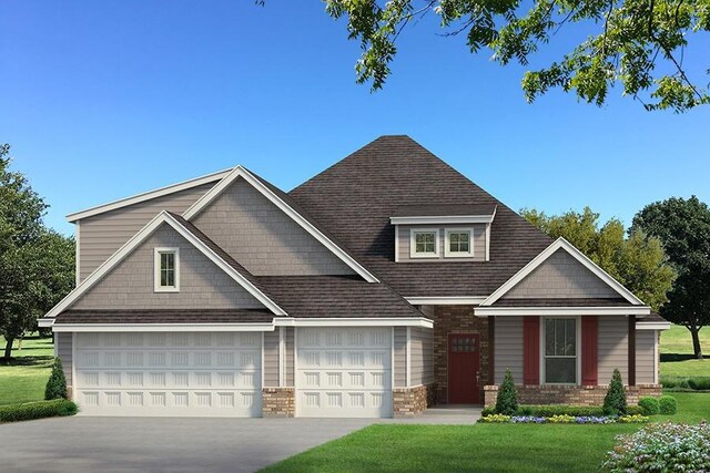 craftsman-style house with a front yard, driveway, roof with shingles, and an attached garage