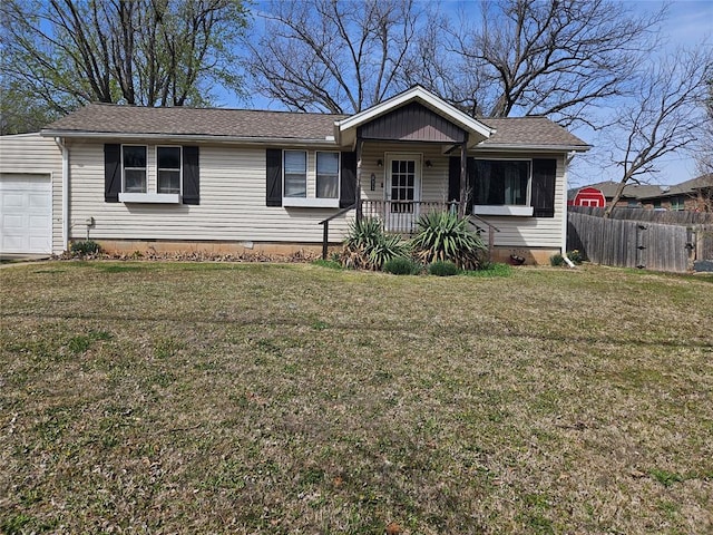 ranch-style house featuring fence, an attached garage, a shingled roof, crawl space, and a front yard