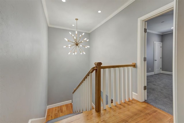 3109 Hickory Sign Post Rd Unit 33B, Oklahoma City, OK 73116 - stairs with a chandelier, recessed lighting, crown molding, and wood finished floors