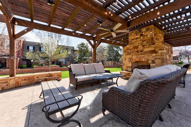 3109 Hickory Sign Post Rd Unit 33B, Oklahoma City, OK 73116 - view of patio featuring an outdoor living space with a fireplace, a pergola, and a ceiling fan