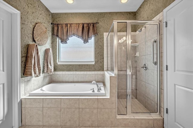 5405 NW 122nd Ter, Oklahoma City, OK 73162 - bathroom with a garden tub, a shower stall, wallpapered walls, and recessed lighting