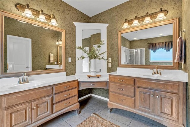 5405 NW 122nd Ter, Oklahoma City, OK 73162 - bathroom featuring vanity, tile patterned floors, a stall shower, and wallpapered walls