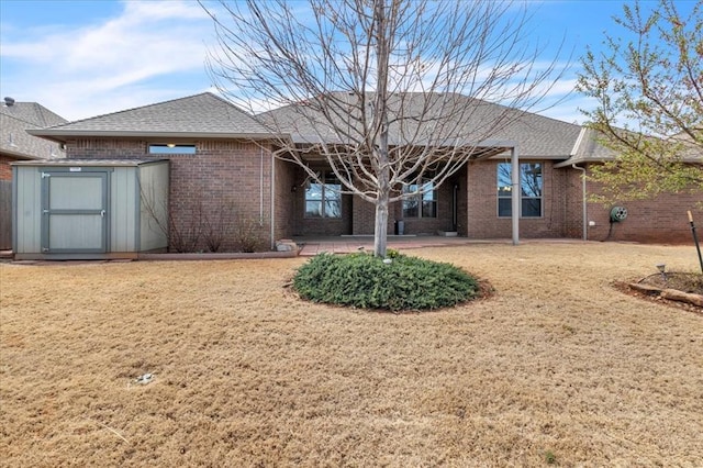 5405 NW 122nd Ter, Oklahoma City, OK 73162 - rear view of house with brick siding, a patio, roof with shingles, and a yard