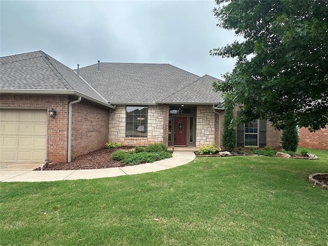 5405 NW 122nd Ter, Oklahoma City, OK 73162 - view of front of home with a shingled roof, a front yard, a garage, and stone siding