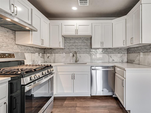 kitchen with light countertops, a sink, stainless steel appliances, and under cabinet range hood