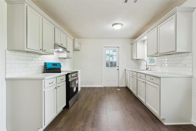 2233 SW 40th St, Oklahoma City, OK 73119 - kitchen with stainless steel range with electric stovetop, a sink, dark wood-type flooring, light countertops, and a textured ceiling