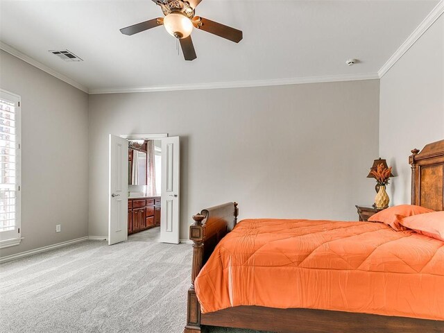bedroom featuring light carpet, multiple windows, visible vents, and ornamental molding