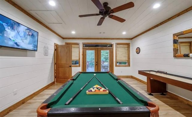 recreation room featuring french doors, ornamental molding, a ceiling fan, pool table, and wood finished floors