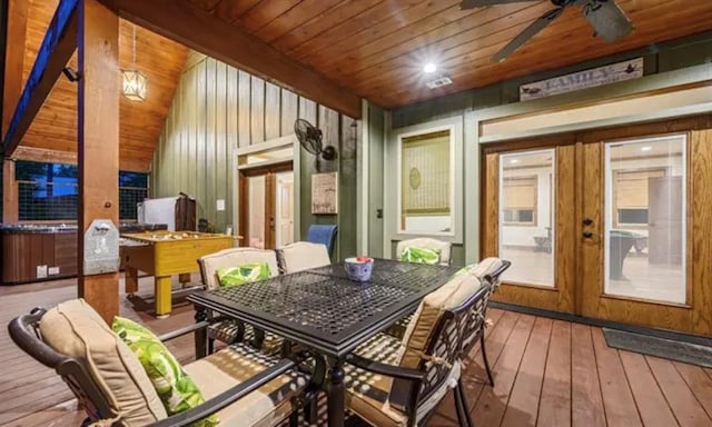 interior space featuring french doors, a ceiling fan, outdoor dining space, and visible vents